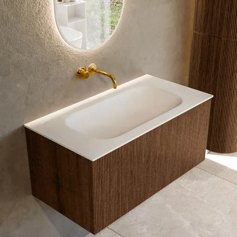 Beperkte Voorraad Mondiaz Kurve 90cm badmeubel walnut met 1 lade en wastafel big small midden zonder kraangat