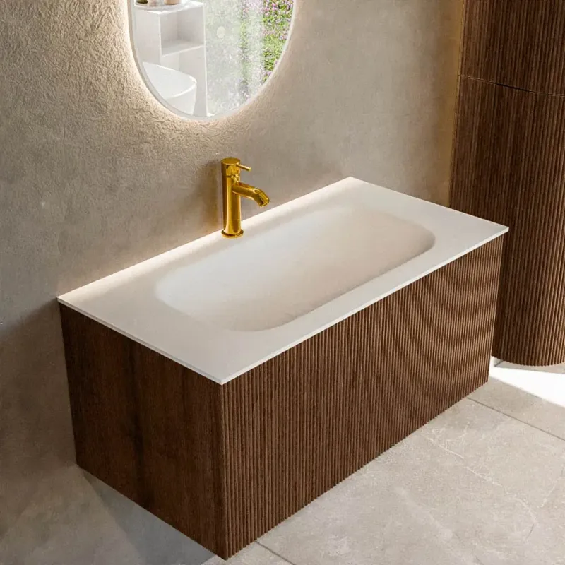 Goedkoop Mondiaz Kurve 90cm badmeubel walnut met 1 lade en wastafel big small midden 1 kraangat