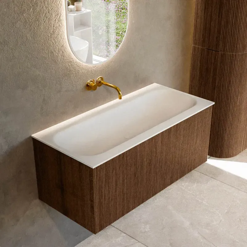 Mondiaz Kurve 100cm badmeubel walnut met 1 lade en wastafel big medium midden zonder kraangat Op = Op