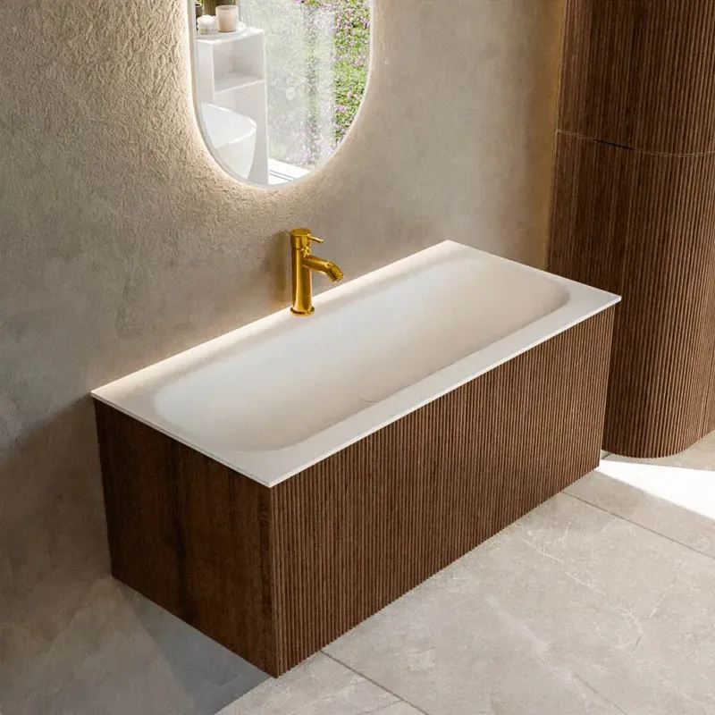 Mondiaz Kurve 100cm badmeubel walnut met 1 lade en wastafel big medium midden 1 kraangat Meest Verkocht