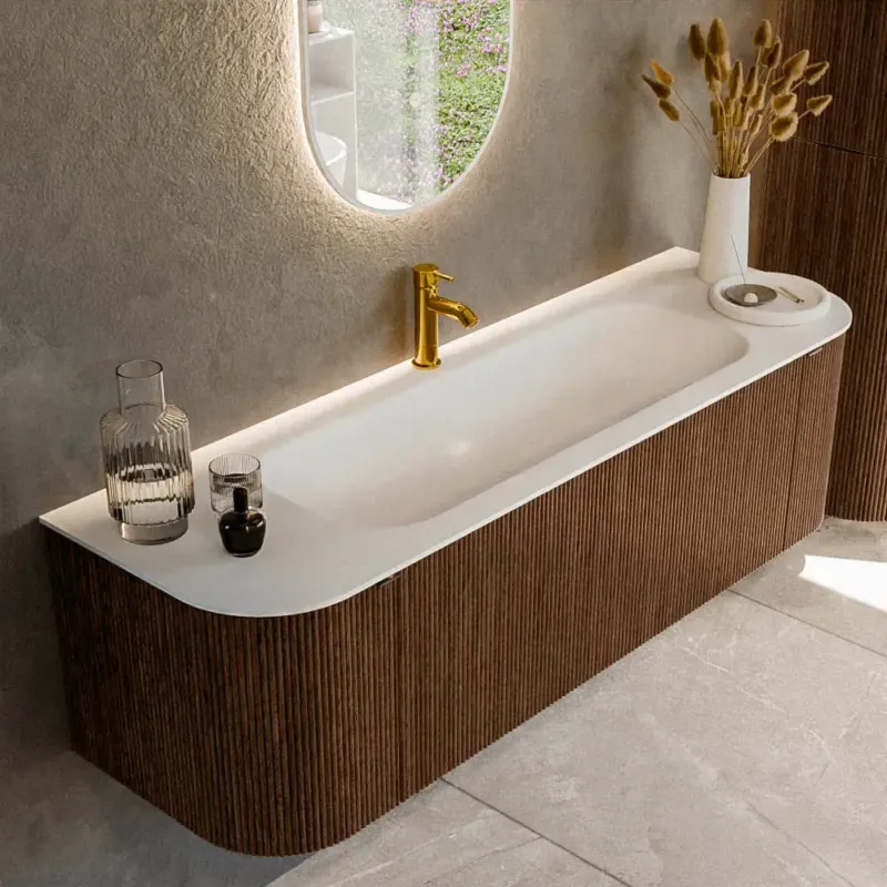 Mondiaz Kurve 150cm badmeubel ronding links/rechts walnut met 1 lade en 2 deuren en wastafel big medium midden 1 kraangat Uitverkoop