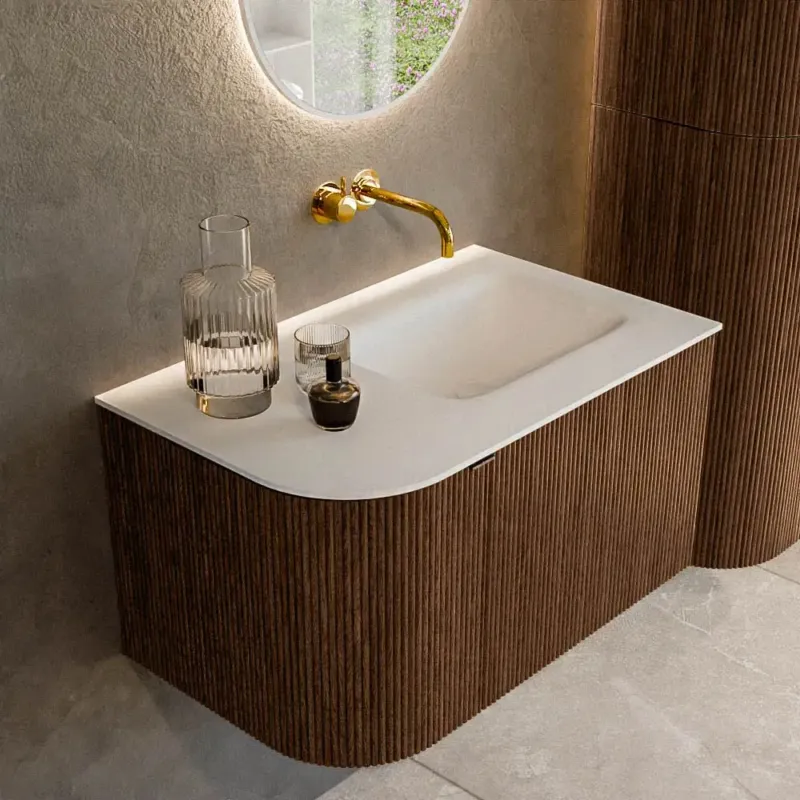 Actieprijs Mondiaz Kurve 75cm badmeubel ronding links walnut met 1 lade en deur en wastafel grunne rechts zonder kraangat