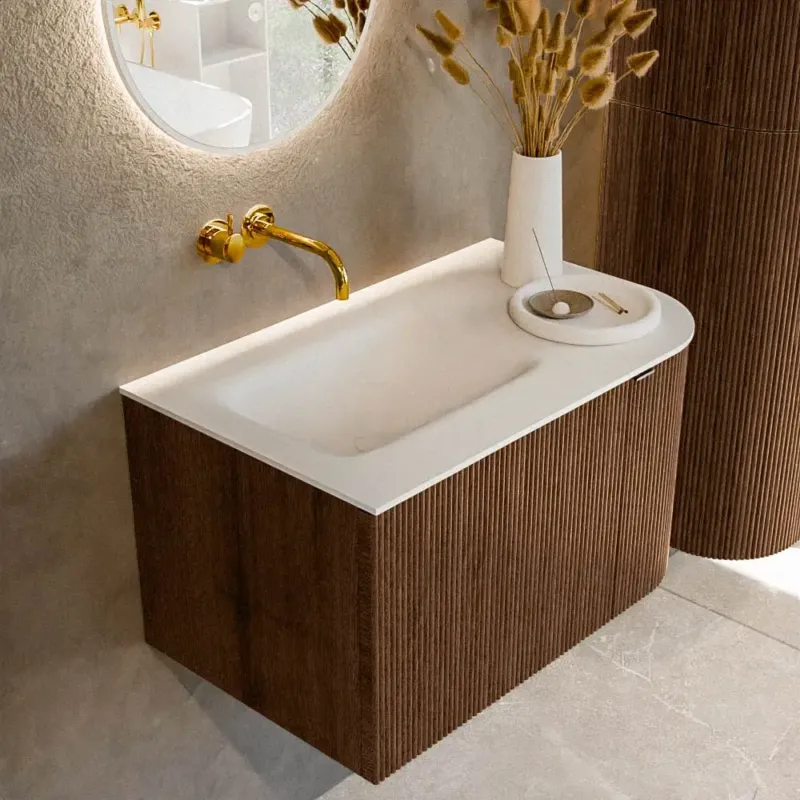 Mondiaz Kurve 75cm badmeubel ronding rechts walnut met 1 lade en deur en wastafel grunne links zonder kraangat Bestseller