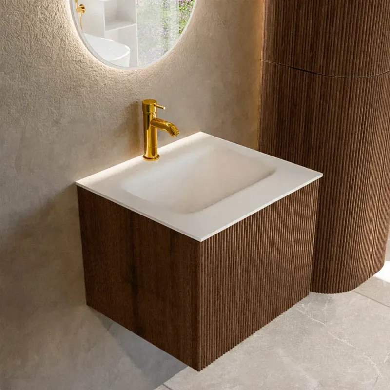 Mondiaz Kurve 50cm badmeubel walnut met 1 lade en wastafel grunne midden 1 kraangat Koop Online