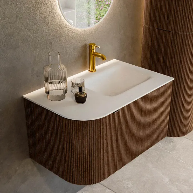 Lage Prijs Mondiaz Kurve 75cm badmeubel ronding links walnut met 1 lade en deur en wastafel grunne kraangat rechts