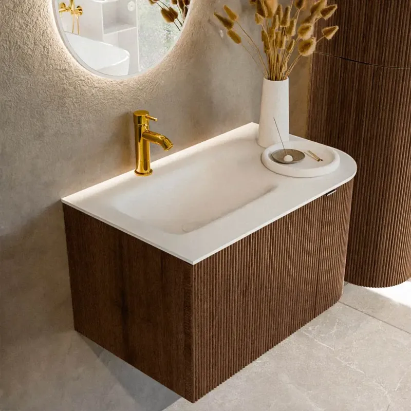 Must-Have Mondiaz Kurve 75cm badmeubel ronding rechts walnut met 1 lade en deur en wastafel grunne kraangat links