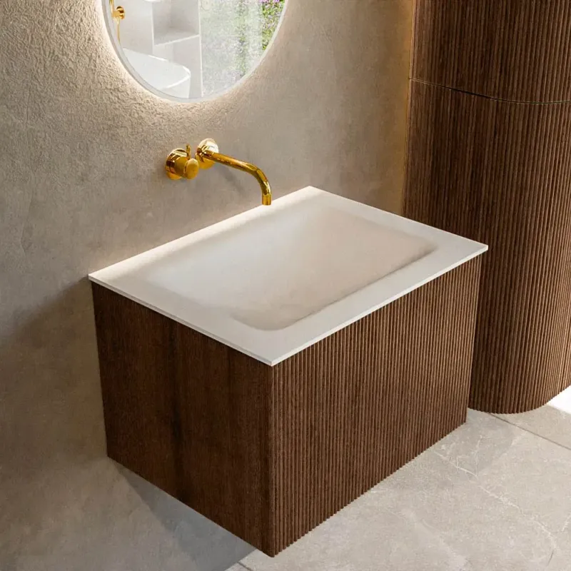 Seizoensaanbieding Mondiaz Kurve 60cm badmeubel walnut met 1 lade en wastafel cloud midden zonder kraangat