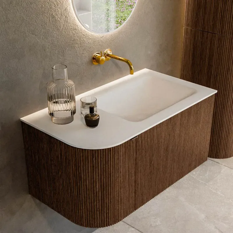 Koopje Mondiaz Kurve 85cm badmeubel ronding links walnut met 1 lade en deur en wastafel cloud rechts zonder kraangat