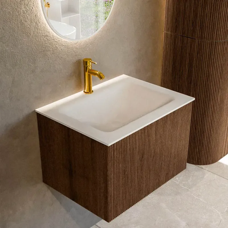 Korting Mondiaz Kurve 60cm badmeubel walnut met 1 lade en wastafel cloud midden 1 kraangat