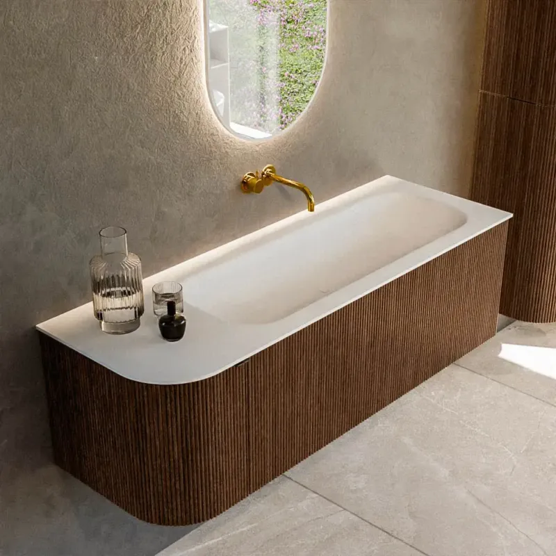 Mondiaz Kurve 135cm badmeubel ronding links walnut met 1 lade en deur en wastafel big medium rechts zonder kraangat Dagaanbieding