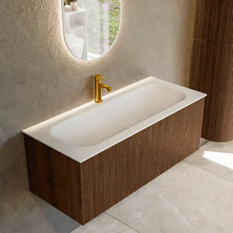 Betrouwbaar Mondiaz Kurve 110cm badmeubel walnut met 1 lade en wastafel big medium midden 1 kraangat