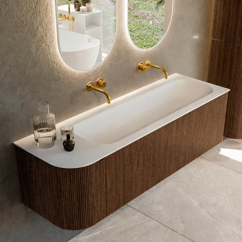 Mondiaz Kurve 145cm badmeubel ronding links walnut met 1 lade en deur en wastafel big large rechts zonder kraangat Dagaanbieding