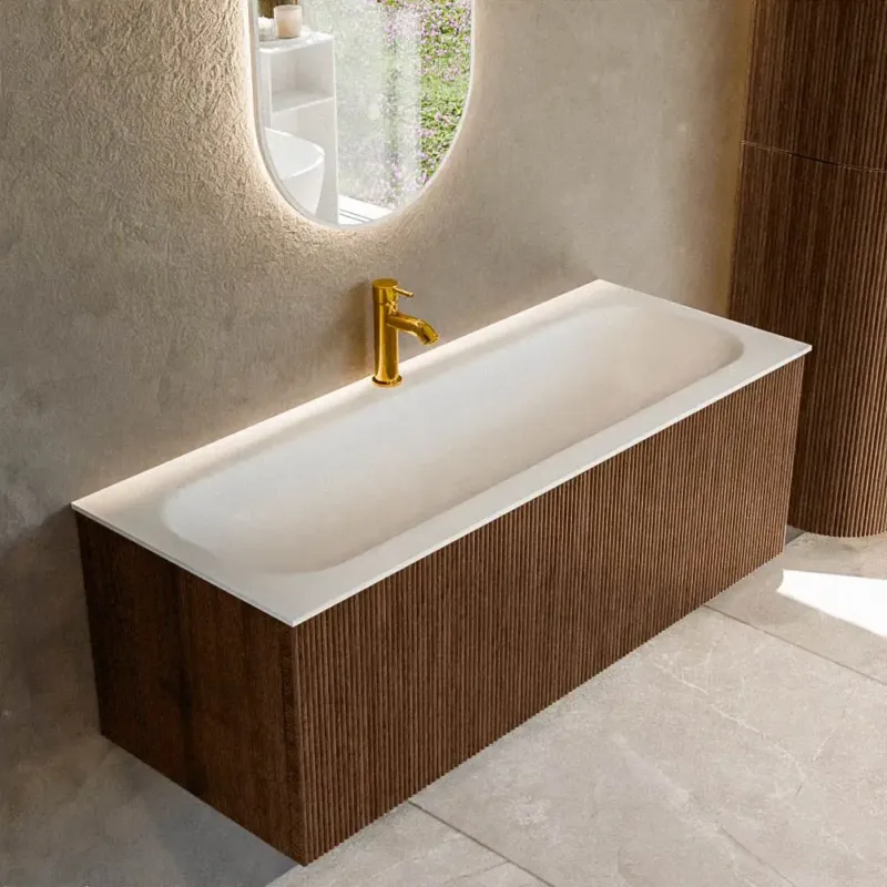 Mondiaz Kurve 120cm badmeubel walnut met 1 lade en wastafel big large midden 1 kraangat Finale Uitverkoop