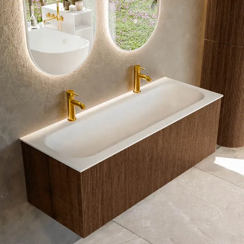 Mondiaz Kurve 120cm badmeubel walnut met 1 lade en wastafel big large midden 2 kraangaten Superprijs
