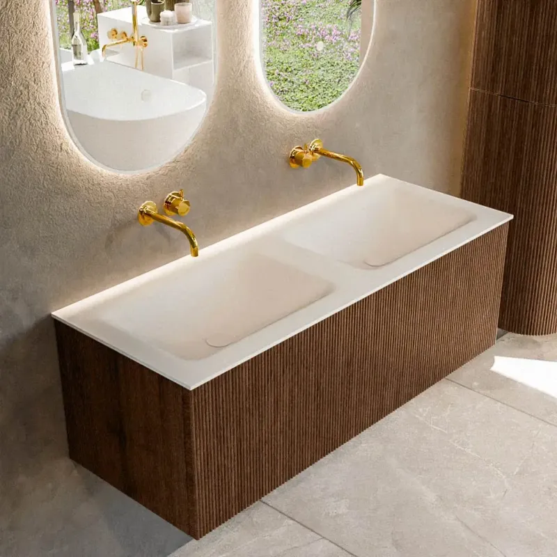 Mondiaz Kurve 120cm badmeubel walnut met 1 lade en wastafel cloud dubbel zonder kraangat Lage Prijs