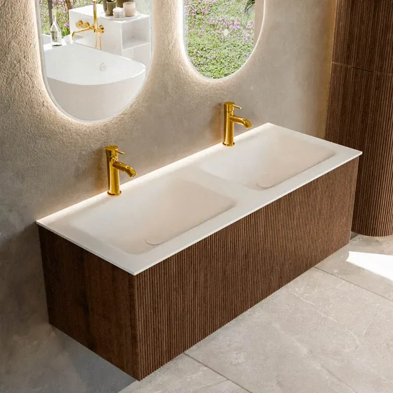Koop Online Mondiaz Kurve 120cm badmeubel walnut met 1 lade en wastafel cloud dubbel 2 kraangaten