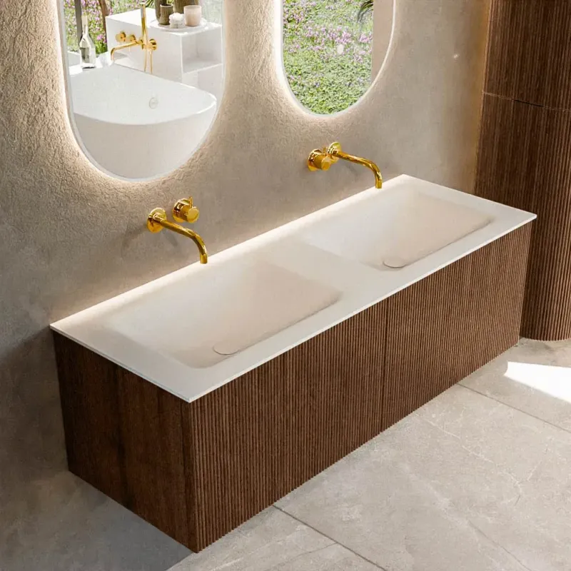 Beste Prijs Mondiaz Kurve 130cm badmeubel walnut met 2 lades en wastafel cloud dubbel zonder kraangat