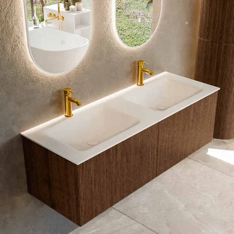 Mondiaz Kurve 130cm badmeubel walnut met 2 lades en wastafel cloud dubbel 2 kraangaten Veilige Betaling