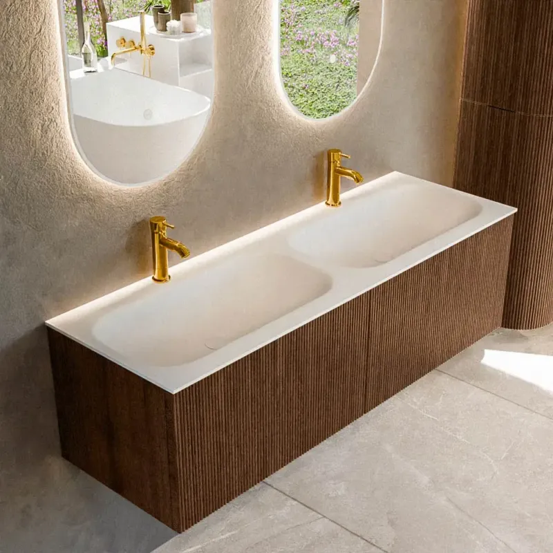 Mondiaz Kurve 140cm badmeubel walnut met 2 lades en wastafel big small dubbel 2 kraangaten Shop Nu