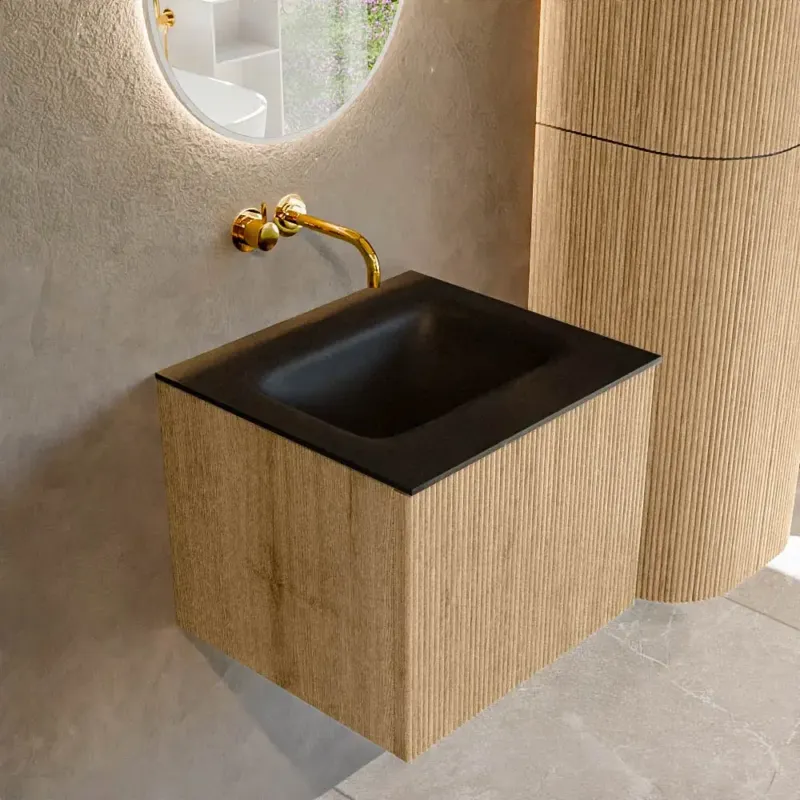 Mondiaz Kurve 50cm badmeubel oak met 1 lade en wastafel grunne midden zonder kraangat urban Hoge Kwaliteit