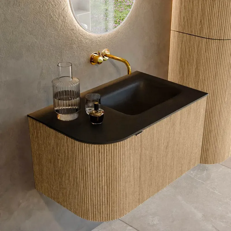 Mondiaz Kurve 75cm badmeubel ronding links oak met 1 lade en deur en wastafel grunne rechts zonder kraangat urban Lage Kosten