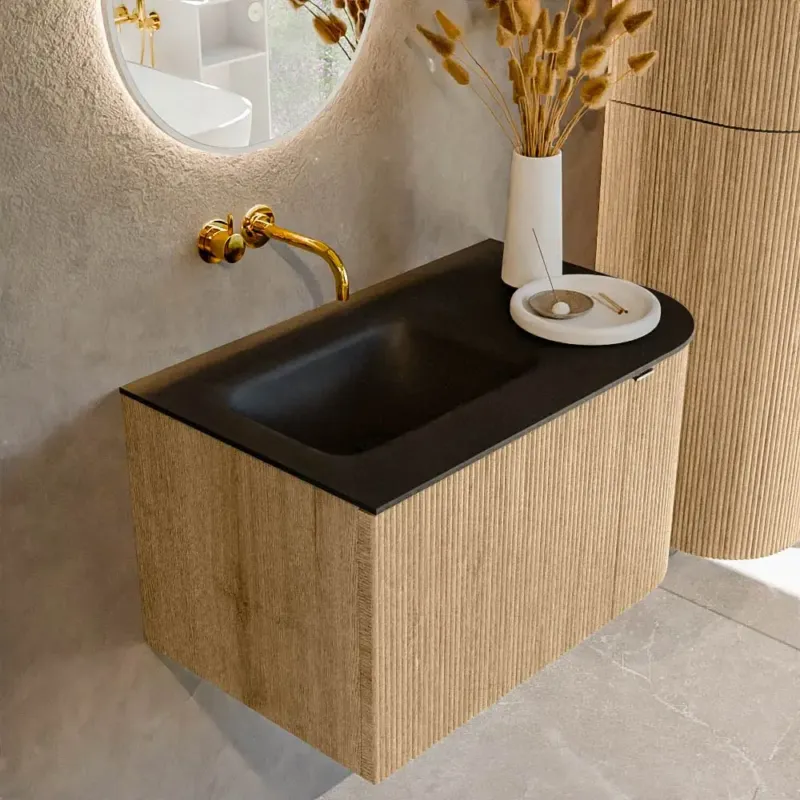 Mondiaz Kurve 75cm badmeubel ronding rechts oak met 1 lade en deur en wastafel grunne links zonder kraangat urban Direct Verzonden