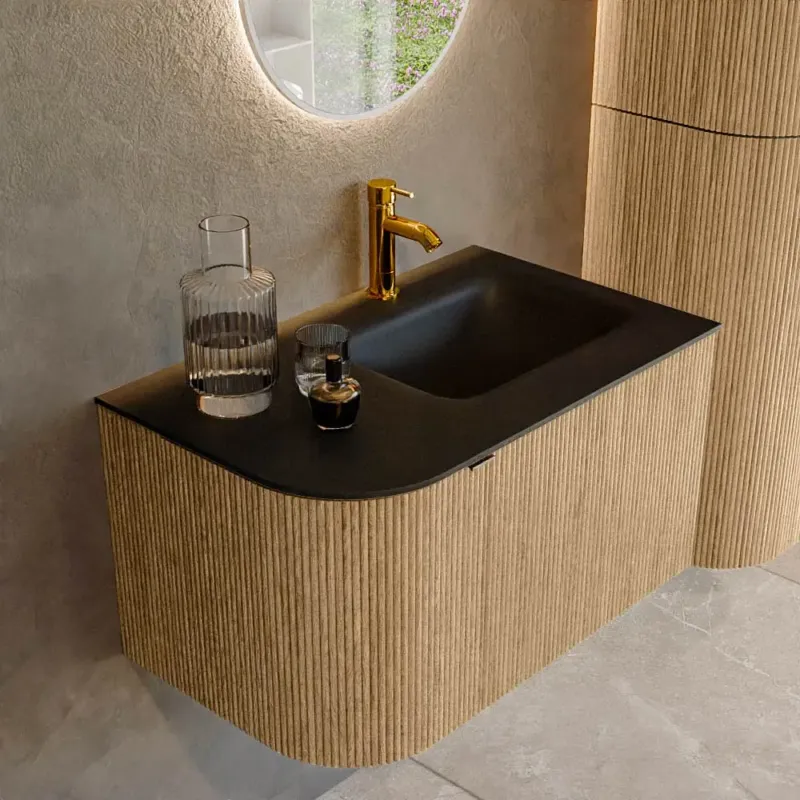 Mondiaz Kurve 75cm badmeubel ronding links oak met 1 lade en deur en wastafel grunne kraangat rechts urban Snelle Levering