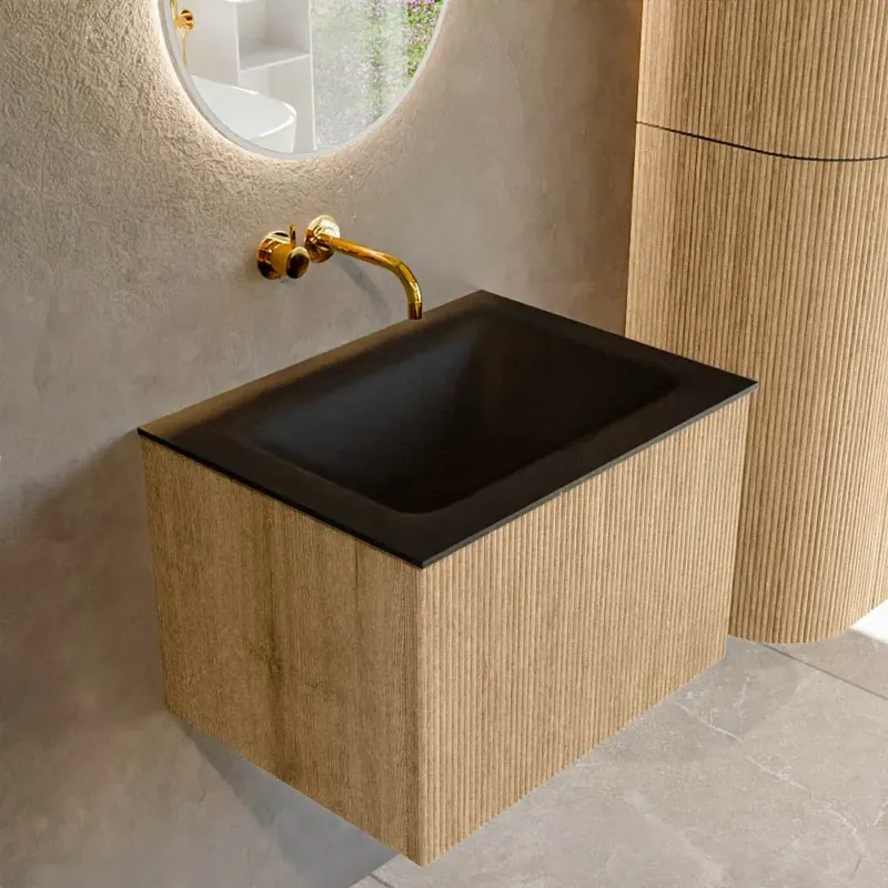 Lage Prijs Mondiaz Kurve 60cm badmeubel oak met 1 lade en wastafel cloud midden zonder kraangat urban