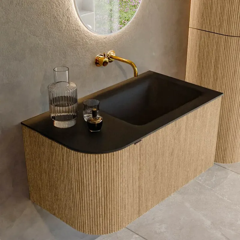 Mondiaz Kurve 85cm badmeubel ronding links oak met 1 lade en deur en wastafel cloud rechts zonder kraangat urban Goedkoop