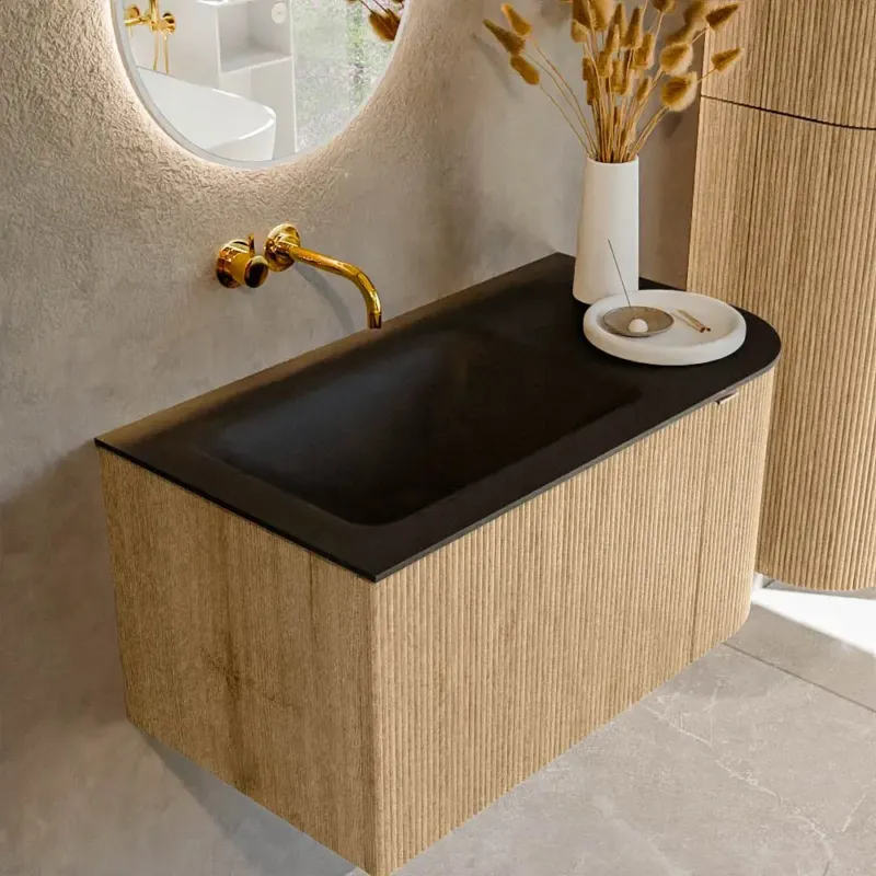 Mondiaz Kurve 85cm badmeubel ronding rechts oak met 1 lade en deur en wastafel cloud links zonder kraangat urban Meest Verkocht