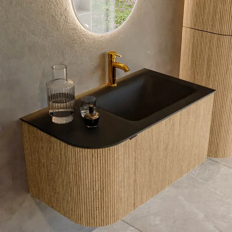 Laatste Kans Mondiaz Kurve 85cm badmeubel ronding links oak met 1 lade en deur en wastafel cloud kraangat rechts urban