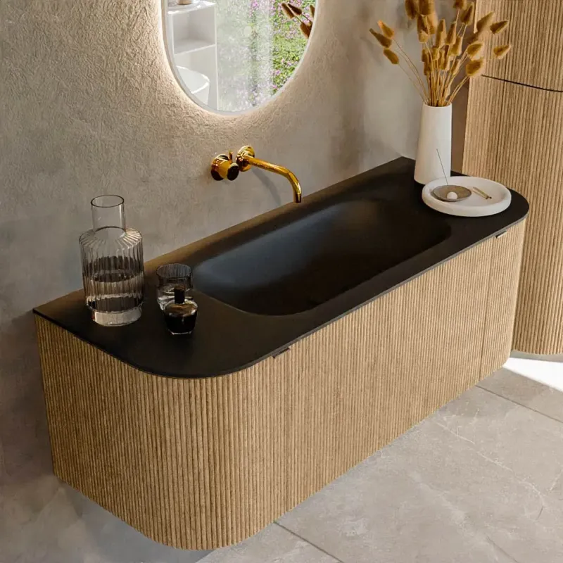 Mondiaz Kurve 120cm badmeubel ronding links/rechts oak met 1 lade en 2 deuren en wastafel big small midden zonder kraangat urban Favoriet