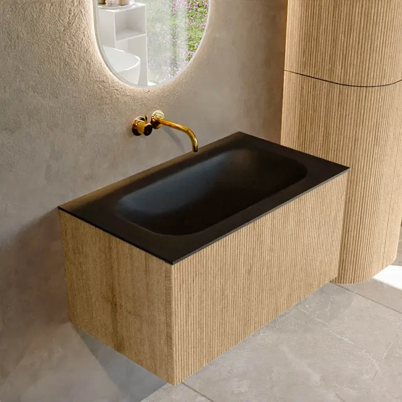 Mondiaz Kurve 80cm badmeubel oak met 1 lade en wastafel big small midden zonder kraangat urban Goedkoop