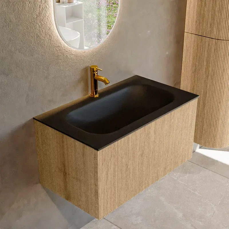 Mondiaz Kurve 80cm badmeubel oak met 1 lade en wastafel big small midden 1 kraangat urban Beperkte Voorraad
