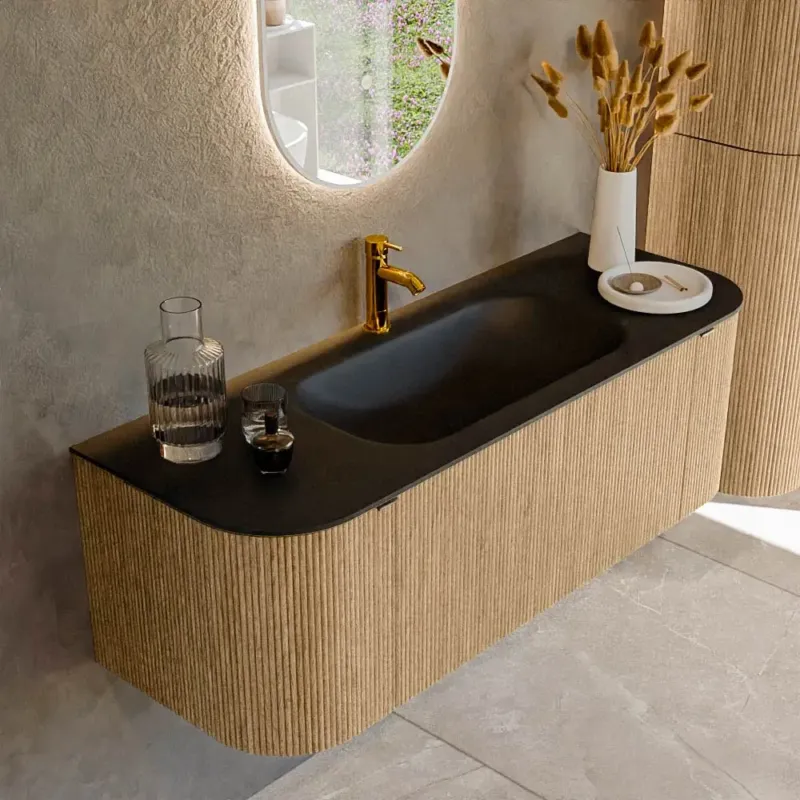 Mondiaz Kurve 130cm badmeubel ronding links/rechts oak met 1 lade en 2 deuren en wastafel big small midden 1 kraangat urban Gratis Retour