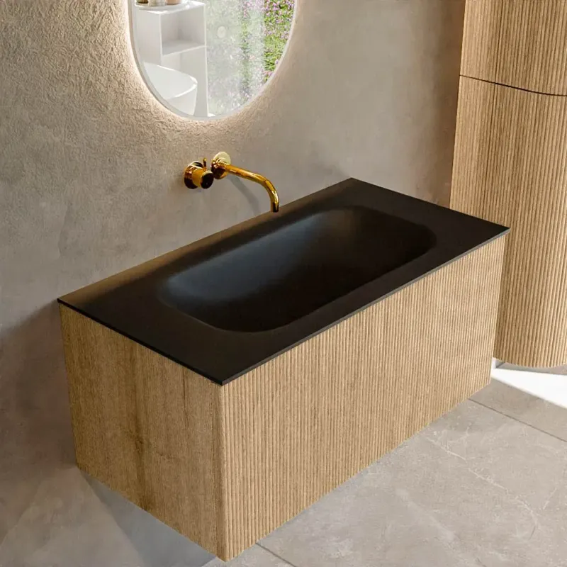 Mondiaz Kurve 90cm badmeubel oak met 1 lade en wastafel big small midden zonder kraangat urban Exclusieve Aanbieding