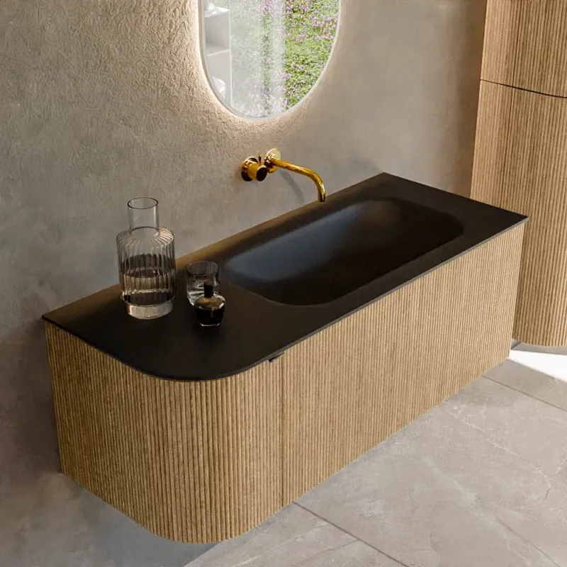 Mondiaz Kurve 115cm badmeubel ronding links oak met 1 lade en deur en wastafel big small rechts zonder kraangat urban Uitverkoop