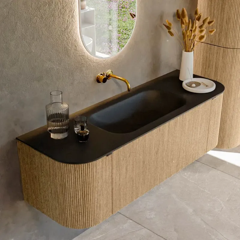 Mondiaz Kurve 140cm badmeubel ronding links/rechts oak met 1 lade en 2 deuren en wastafel big small midden zonder kraangat urban Direct Beschikbaar