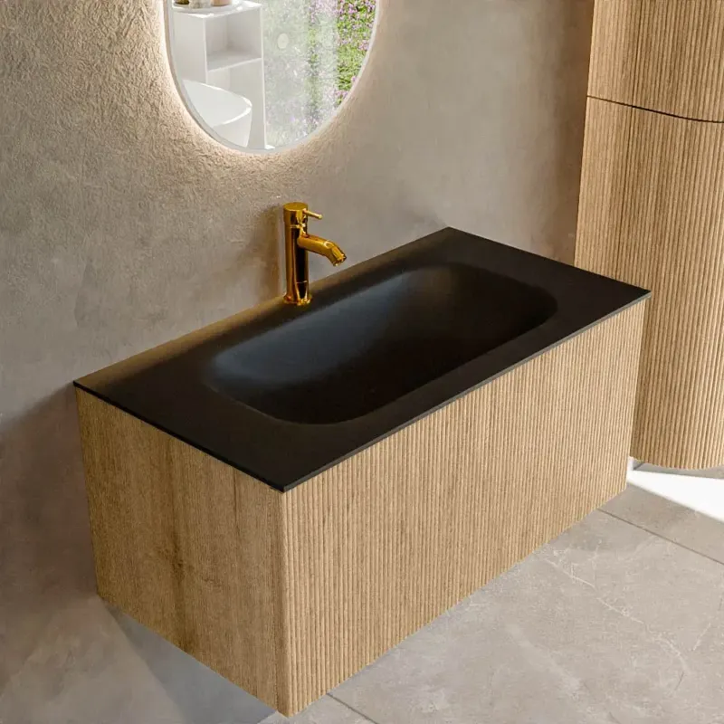 Beste Prijs Mondiaz Kurve 90cm badmeubel oak met 1 lade en wastafel big small midden 1 kraangat urban