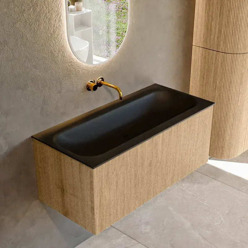 Mondiaz Kurve 100cm badmeubel oak met 1 lade en wastafel big medium midden zonder kraangat urban Betrouwbaar