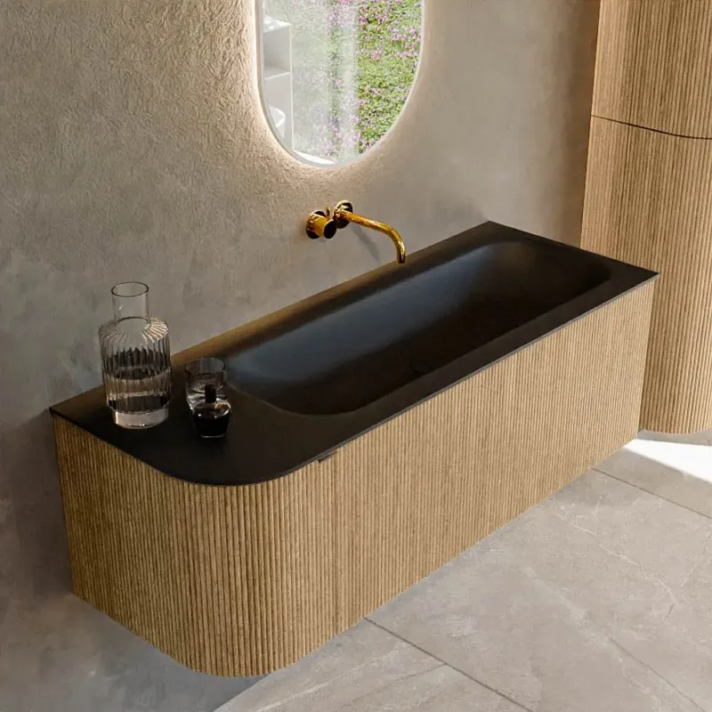 Mondiaz Kurve 125cm badmeubel ronding links oak met 1 lade en deur en wastafel big medium rechts zonder kraangat urban Populair