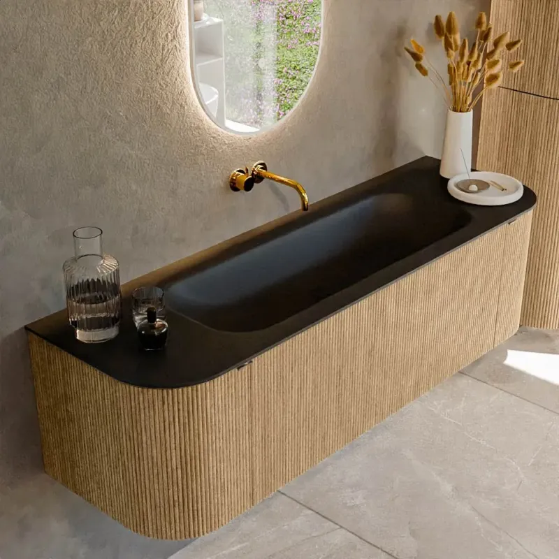 Mondiaz Kurve 150cm badmeubel ronding links/rechts oak met 1 lade en 2 deuren en wastafel big medium midden zonder kraangat urban Gratis Retour
