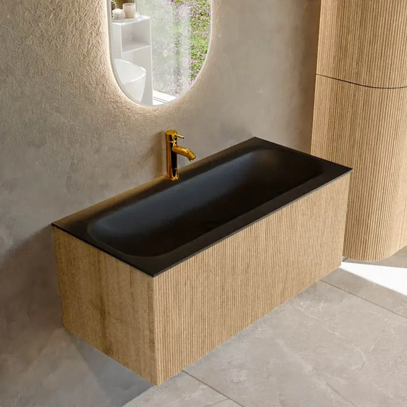 Mondiaz Kurve 100cm badmeubel oak met 1 lade en wastafel big medium midden 1 kraangat urban Direct Beschikbaar