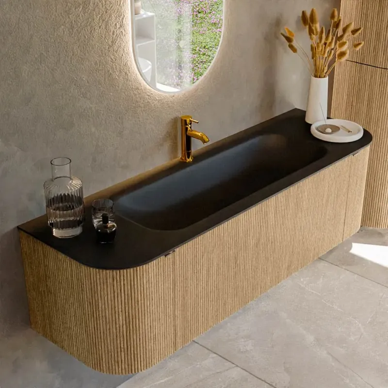 Mondiaz Kurve 150cm badmeubel ronding links/rechts oak met 1 lade en 2 deuren en wastafel big medium midden 1 kraangat urban Exclusieve Aanbieding