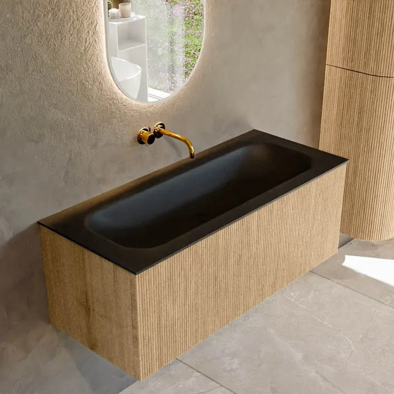 Mondiaz Kurve 110cm badmeubel oak met 1 lade en wastafel big medium midden zonder kraangat urban Goedkoop