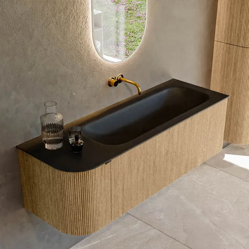 Aanbieding Mondiaz Kurve 135cm badmeubel ronding links oak met 1 lade en deur en wastafel big medium rechts zonder kraangat urban