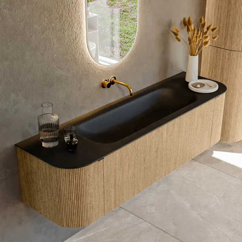 Mondiaz Kurve 160cm badmeubel ronding links/rechts oak met 1 lade en 2 deuren en wastafel big medium midden zonder kraangat urban Koopje