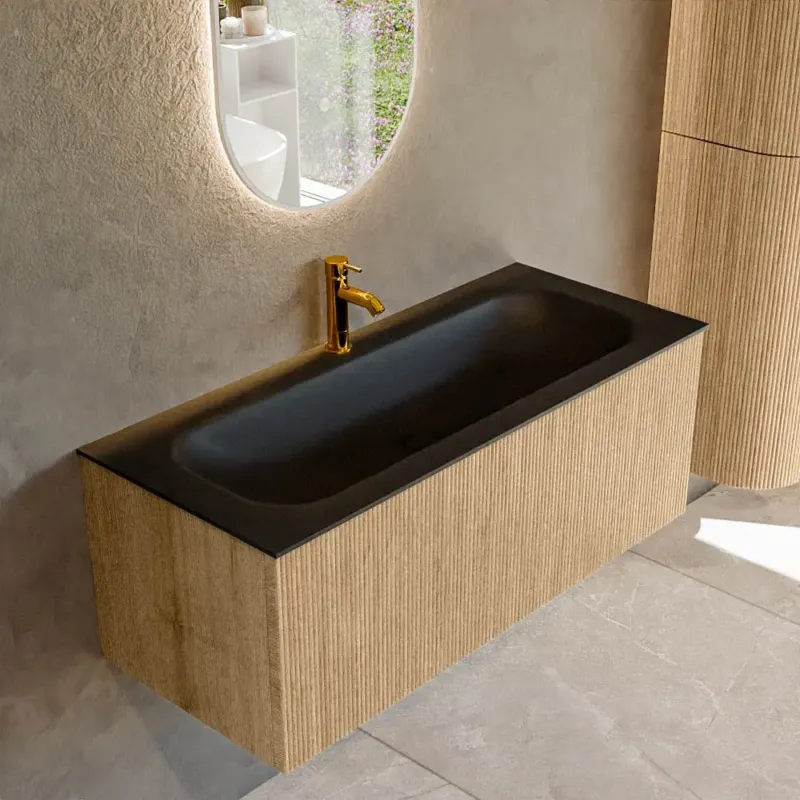 Mondiaz Kurve 110cm badmeubel oak met 1 lade en wastafel big medium midden 1 kraangat urban Fabrieksprijs