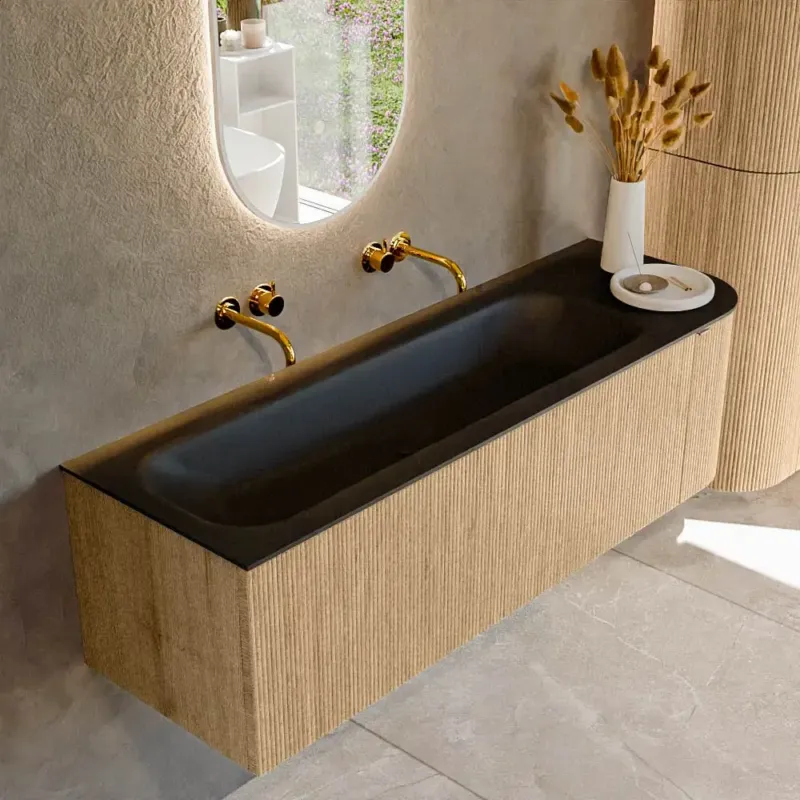 Mondiaz Kurve 145cm badmeubel ronding rechts oak met 1 lade en deur en wastafel big large links zonder kraangat urban Lage Kosten