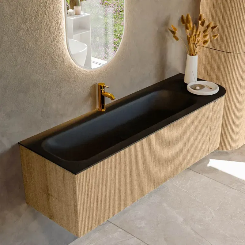 Mondiaz Kurve 145cm badmeubel ronding rechts oak met 1 lade en deur en wastafel big large kraangat links urban Meest Verkocht